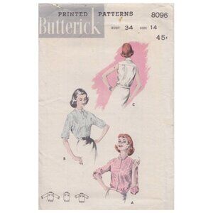 50s Womens Shirt with Sleeve and Collar Options Butterick 8096 Size 14 B34 AS IS